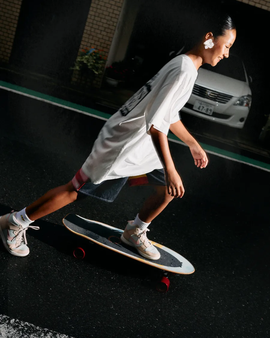 Zazi Betari, Indonesian Winter Athlete, skateboarding at a skatepark in Barcelona